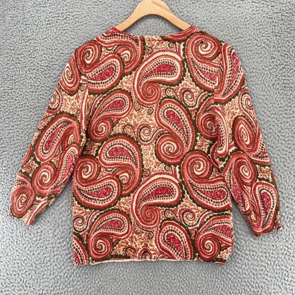 Talbots Sweater Womens Medium Petite Orange Multi Paisley Merino Wool Cardigan - Picture 11 of 11